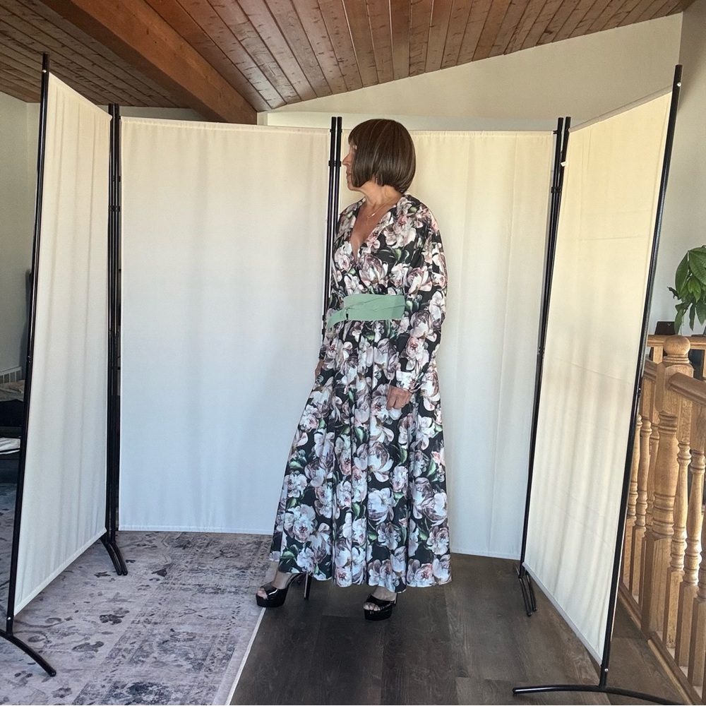 Norma Kamali Floral Maxi Dress with Green Belt